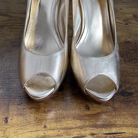 BCBGeneration Gold Metallic ‘Flow’ Peep Toe Heels - Picture 5 of 13
